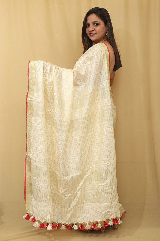 Gold Zari Check Pattern Handloom Bhagalpuri Linen Cotton Blend Saree - View 5