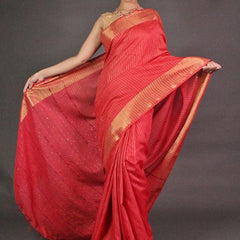 Striped Red Bhagalpuri Silk Saree with Gold Zari Border  & Sequin Pallu - View 2