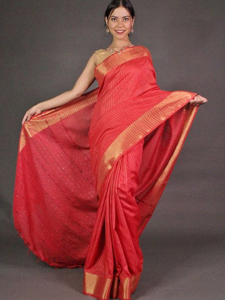 Striped Red Bhagalpuri Silk Saree with Gold Zari Border  & Sequin Pallu - View 2