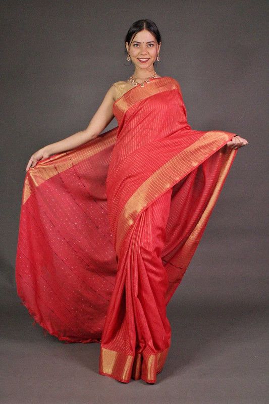 Striped Red Bhagalpuri Silk Saree with Gold Zari Border  & Sequin Pallu - View 2