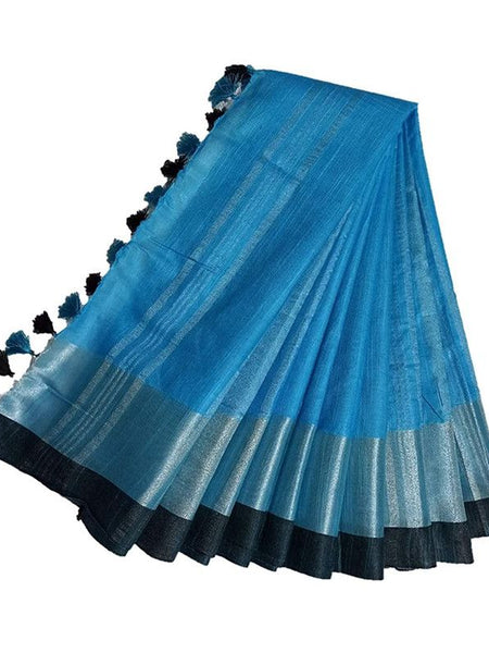 Cyan-Black women's Handloom Bhagalpuri Cotton Linen Blend Saree Ethnic Wear With Contrast Unstitched Blouse Piece - View 2
