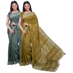 Hookers' Green & Olive Green women's Bhagalpuri Handloom Cotton-Linen Blend Saree Combo (Pack Of 2) With Running Unstiched Blouse Piece