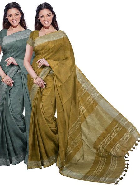 Hookers' Green & Olive Green women's Bhagalpuri Handloom Cotton-Linen Blend Saree Combo (Pack Of 2) With Running Unstiched Blouse Piece