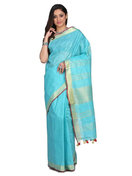 Linen Cotton Blend Contrast Handloom Bhagalpuri Saree for Women (Gold-Cyan-Red )
