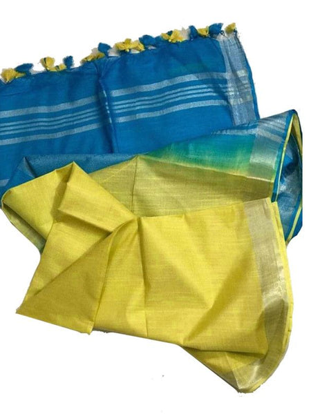 Mooonstone Cyan & Daisy Yellow women's Bhagalpuri Ethnic Wear Handloom Cotton Linen Blend Zari Border Two Dye Saree With Running Unstitched Blouse Piece - View 3