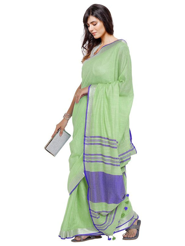 Light Green-Blue women's Bhagalpuri Handloom Cotton Linen Blend Contrast Pallu Saree And Unstitched Contrast Blouse Piece - View 3