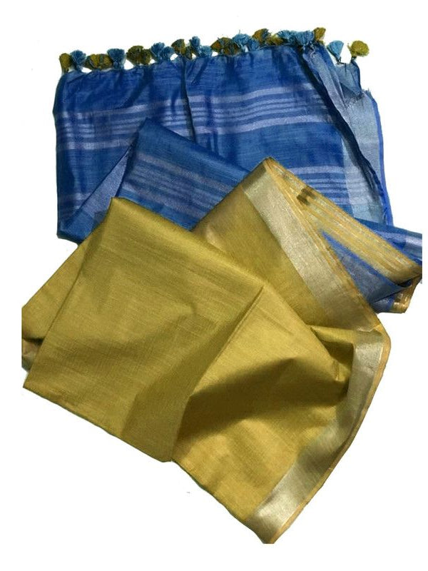 Denim Blue & Manz Yellow women's Ethnic Wear Bhagalpuri Handloom Cotton Slub Blend Two Dye Saree With Running Unstitched Blouse Piece - View 5