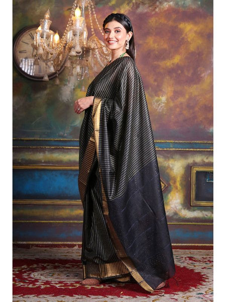 Handloom Cotton Silk Striped Sequin Pallu Bhagalpuri Saree (Black) - View 2