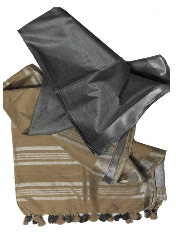 Grey & Brown Bhagalpuri women's Ethnic Wear Handloom Cotton Zari Border Two Dye Saree With Running Unstitched Blouse Piece - View 3