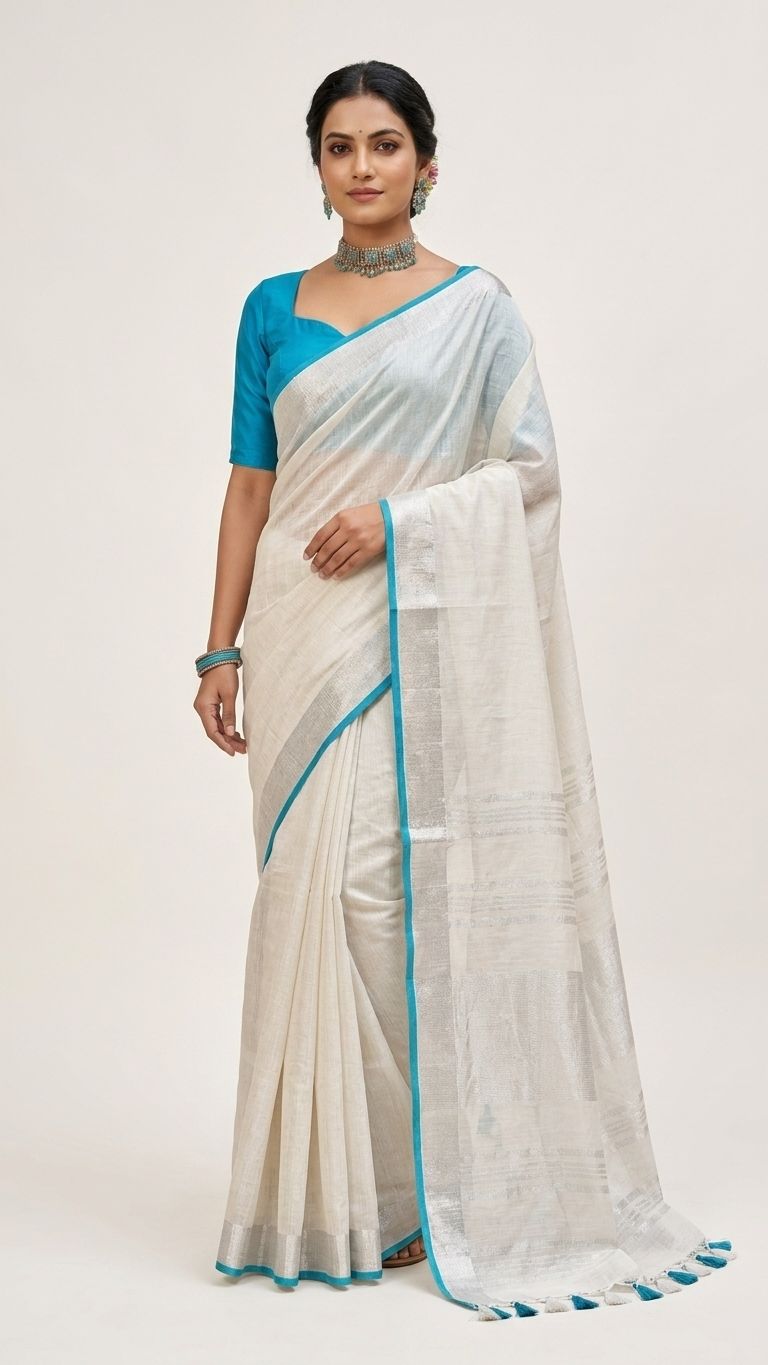 Bhagalpuri Handloom Linen Cotton Blend Saree WIth Cotrast Blouse Piece - View 5