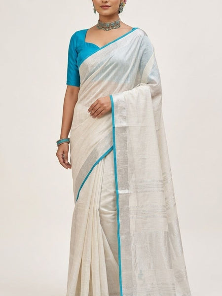 Bhagalpuri Handloom Linen Cotton Blend Saree WIth Cotrast Blouse Piece - View 5