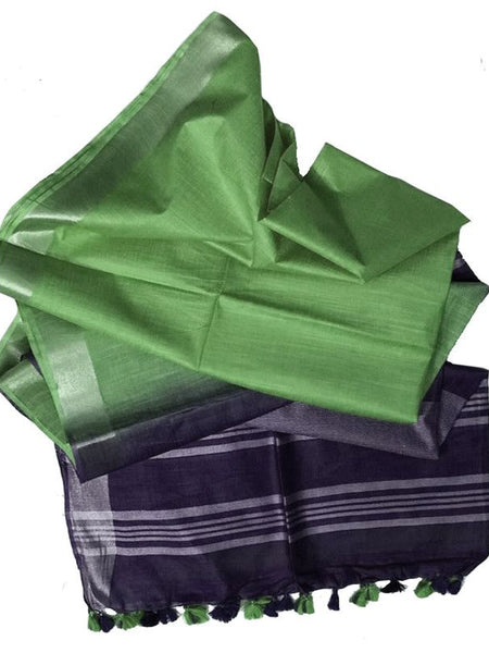 Russian Violet & Paris Green women's Bhagalpuri Ethnic Wear Handloom Cotton Linen Slub Blend Zari Border Two Dye Saree With Running Unstitched Blouse Piece