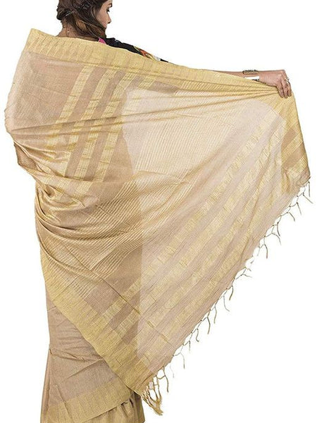 Camel Brown women's Bhagalpuri Handloom Kota Silk Temple Border Saree And Variation Of Colors With Striped Blouse Piece - View 2