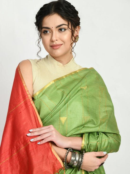 Two Dye Handloom Bhagalpuri Striped Semi Tussar Silk Temple Motif Saree (Olivine_Green & Tereracota_Red) - View 5