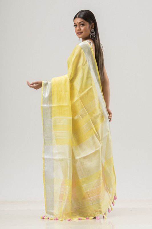 Linen Bhagalpuri Two Dye Handloom Saree (Yellow & Pink) - View 2