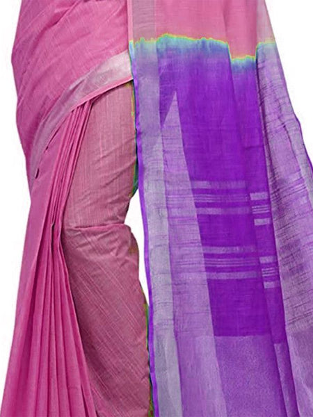Blush Pink & French Violet women's Handloom Bhagalpuri Cotton Linen Blend Two Dye Saree With Running Unstitched Blouse Piece - View 4