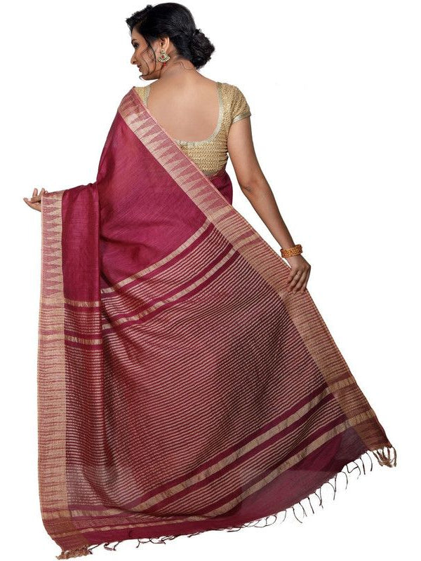 Maroon women's Bhagalpuri Handloom Kota Silk Temple Border Saree And Variation Of Colors With Striped Blouse Piece - View 2