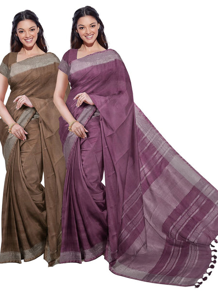 Brown & Quinacridone Magenta women's Bhagalpuri Handloom Cotton-Linen Blend Saree With Running Unstiched Blouse Piece
