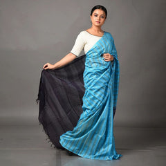 Handloom Semi Tussar Silk Bhagalpuri Two Dye Striped Saree (Cyan & Black) - View 2