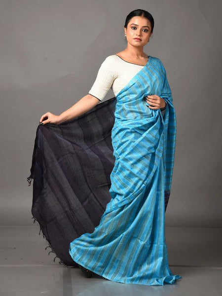 Handloom Semi Tussar Silk Bhagalpuri Two Dye Striped Saree (Cyan & Black) - View 2
