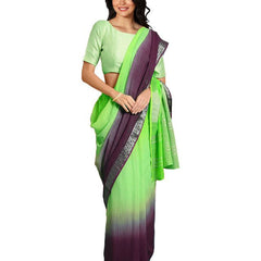 Neon Green & Byzantium Purple women's Bhagalpuri Handloom Linen Slub Blend Two Dye Saree With Running Unstitched Blouse Piece - View 2