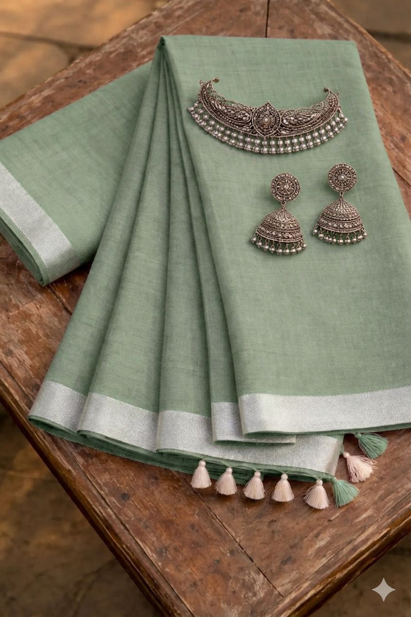 Bhagalpuri Handwoven Cotton-Linen Blend Saree With Running Blouse Piece(Sage Green)