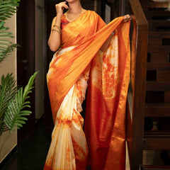 Sibory Handloom Bhagalpuri Silk Bandhani Dye Sequins Striped Saree (Yellowish_Orange)