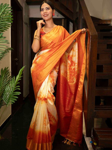 Sibory Handloom Bhagalpuri Silk Bandhani Dye Sequins Striped Saree (Yellowish_Orange)