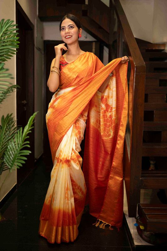 Sibory Handloom Bhagalpuri Silk Bandhani Dye Sequins Striped Saree (Yellowish_Orange)