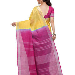 Yellow & Raspberry Pink women's Handloom Bhagalpuri Cotton Linen Blend Two Dye Saree With Running Unstitched Blouse Piece