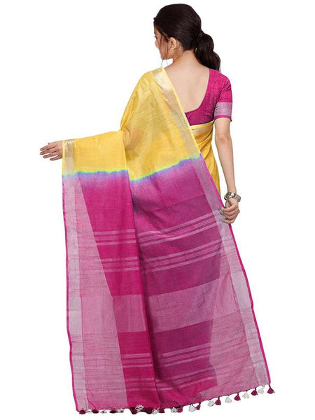 Yellow & Raspberry Pink women's Handloom Bhagalpuri Cotton Linen Blend Two Dye Saree With Running Unstitched Blouse Piece