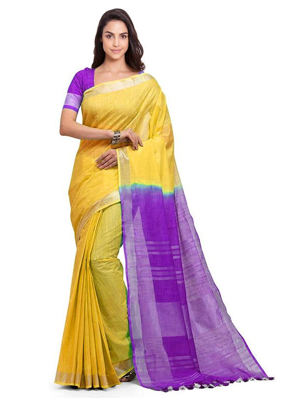 Yellow & French Violet women's Handloom Bhagalpuri Linen Cotton Slub Blend Two Dye Saree With Running Unstitched Blouse Piece - View 2