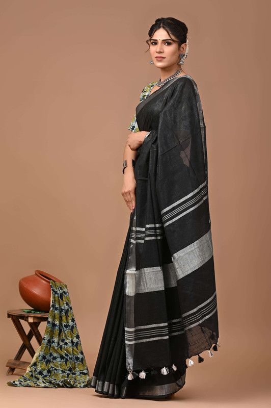 Linen Cotton Blend Handloom Bhagalpuri Saree with Zari Border (12781 Black) - View 2