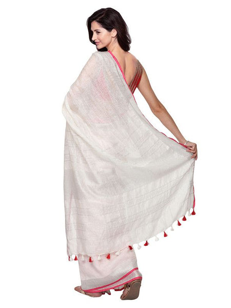 Bhagalpuri Handloom Linen Cotton Blend White Saree With Silver Zari Border And Contrast Unstitched Blouse Piece - View 3