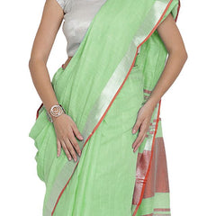 Light Green-Red women's Bhagalpuri Handloom Cotton Linen Blend Contrast Pallu Saree And Unstitched Contrast Blouse Piece - View 5