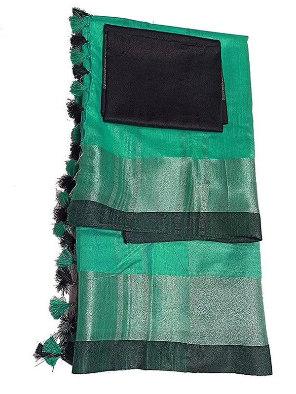 Aquamarine Green Bhagalpuri Handloom women's Linen Slub Blend Saree With Black Pipin Contrast Blouse Piece - View 3