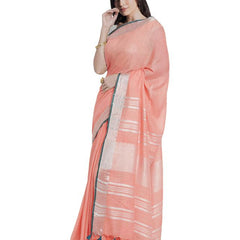 Coral Pink women's Bhagalpuri Handloom Cotton Linen Blend Saree With Contrast Unstiched Blouse Piece - View 3