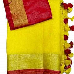 Yelllow-Red women's Handloom Bhagalpuri Cotton Linen Blend Saree Ethnic Wear With Contrast Unstitched Blouse Piece - View 8