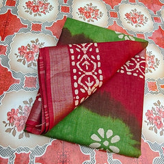 Linen Cotton Blend Handloom Tie-Dye Batik Print Saree with Blouse Piece (SLBR_Lawn_Green & Lawaiie_Maroon) - View 7