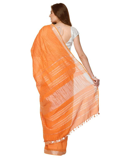 Orange women's Handloom Bhagalpuri Cotton Linen Slub Blend Zari Border Saree Ethnic Wear With Running Unstitched Blouse Piece - View 3