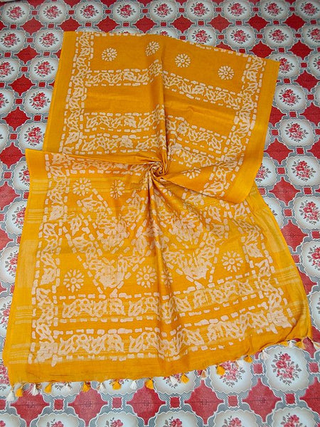 Linen Cotton Blend Handloom Batik Print Saree (GLBR_Gold-Gamboge_Yellow) - View 2
