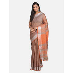 Handloom Linen Cotton Blend Contrast Pallu Bhagalpuri Saree for Women (Branie_Brown-Orange)