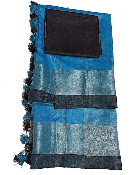 Cyan Bhagalpuri Handloom women's Linen Slub Blend Saree With Black Pipin Contrast Blouse Piece - View 2