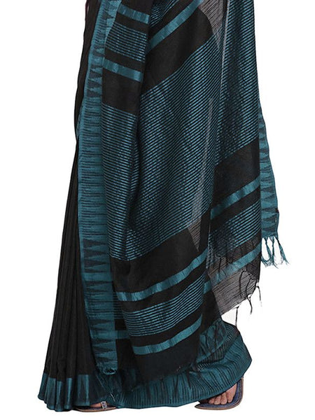Black-Cyan women's Bhagalpuri Handloom Katan Viscous Silk Temple Border Saree Ethnic Wear With Running Unstitched Striped Blouse Piece - View 3