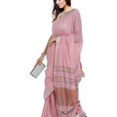 Orchid Pink-Red women's Bhagalpuri Handloom Cotton Linen Blend Contrast Pallu Saree And Unstitched Contrast Blouse Piece - View 2