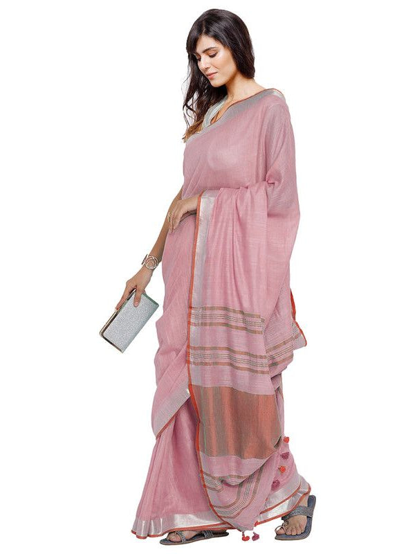 Orchid Pink-Red women's Bhagalpuri Handloom Cotton Linen Blend Contrast Pallu Saree And Unstitched Contrast Blouse Piece - View 2