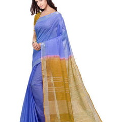Neon Blue & Golden Brown women's Handloom Bhagalpuri Cotton Slub Blend Two Dye Saree With Running Unstitched Blouse Piece - View 3