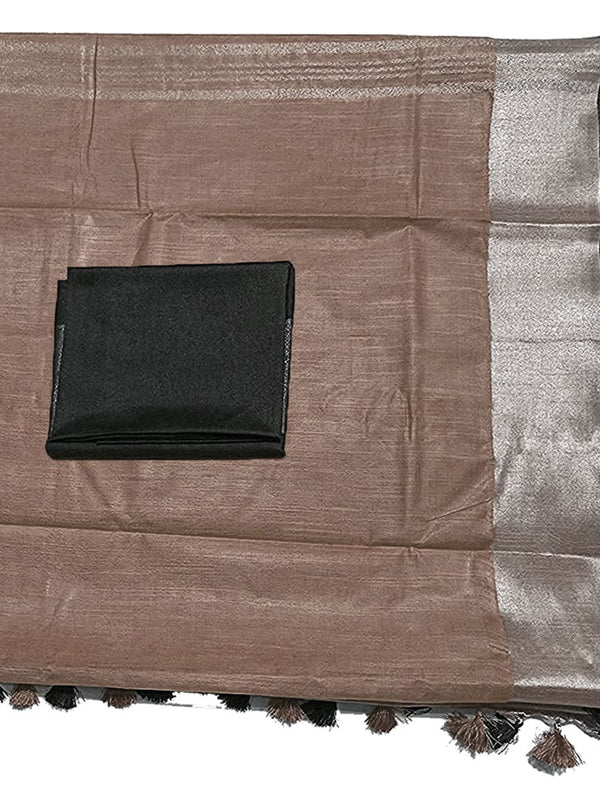 Brown Bhagalpuri Handloom women's Linen Blend Saree With Black Contrast Blouse Piece - View 3
