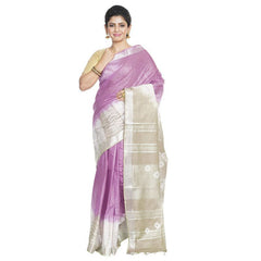 Mauve Purple & Yuma Tan women's Bhagalpuri Handloom Cotton Linen Slub Blend Tie Two Dye (Sibory Two Dye) Saree With Running Unstitched Blouse Piece