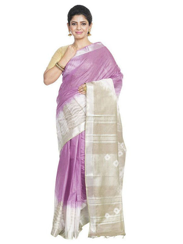 Mauve Purple & Yuma Tan women's Bhagalpuri Handloom Cotton Linen Slub Blend Tie Two Dye (Sibory Two Dye) Saree With Running Unstitched Blouse Piece